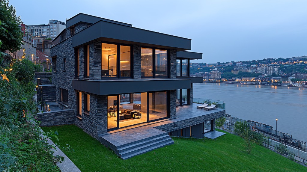 Modern Luxury Hillside Villa with Black Stone Facade and River Views at Twilight.jpg