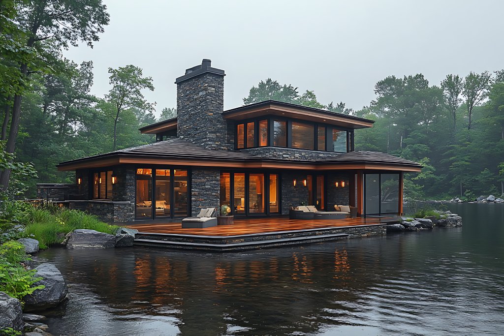 Modern Luxury Lakeside Retreat with Stone Facade Large Glass Windows and Expansive Wood Deck.jpg