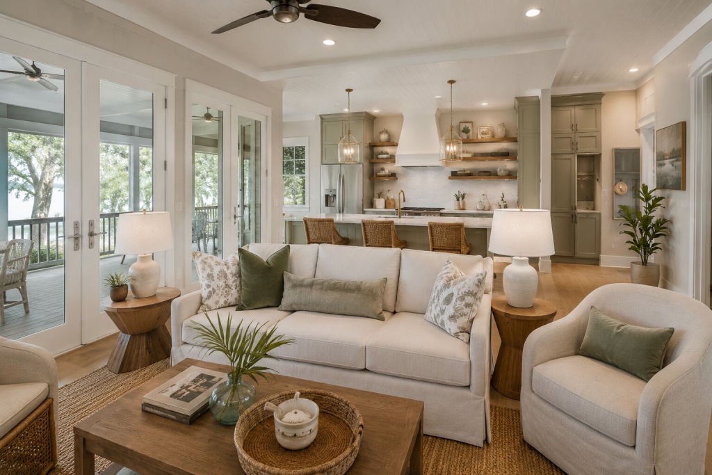Modern Coastal Open Concept Living Room with Sage Accents and Gourmet Kitchen.jpg