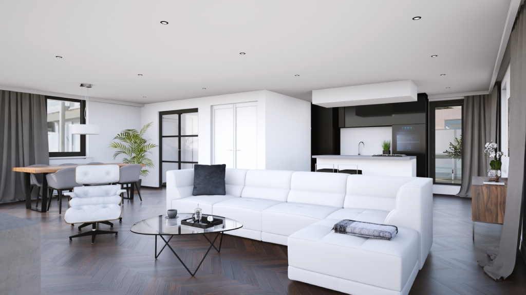 Modern Minimalist Open Concept Interior with White Sectional Herringbone Floors and Matte Black Kitchen.jpg