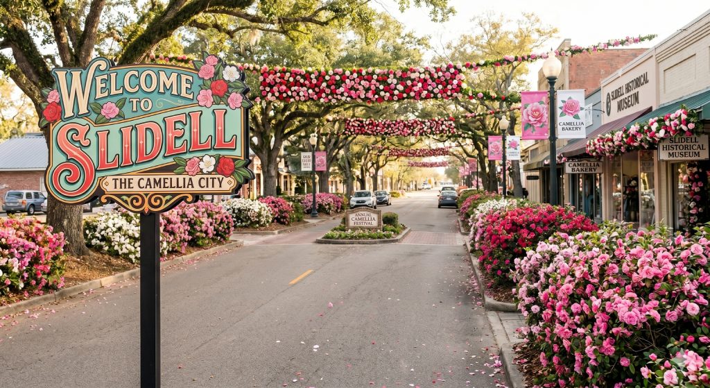 Old Slidell Main Street Camellia Festival with Historical Signs and Floral Arches.jpg
