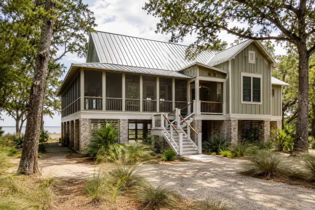 coastal home on stils with mississippi oak trees